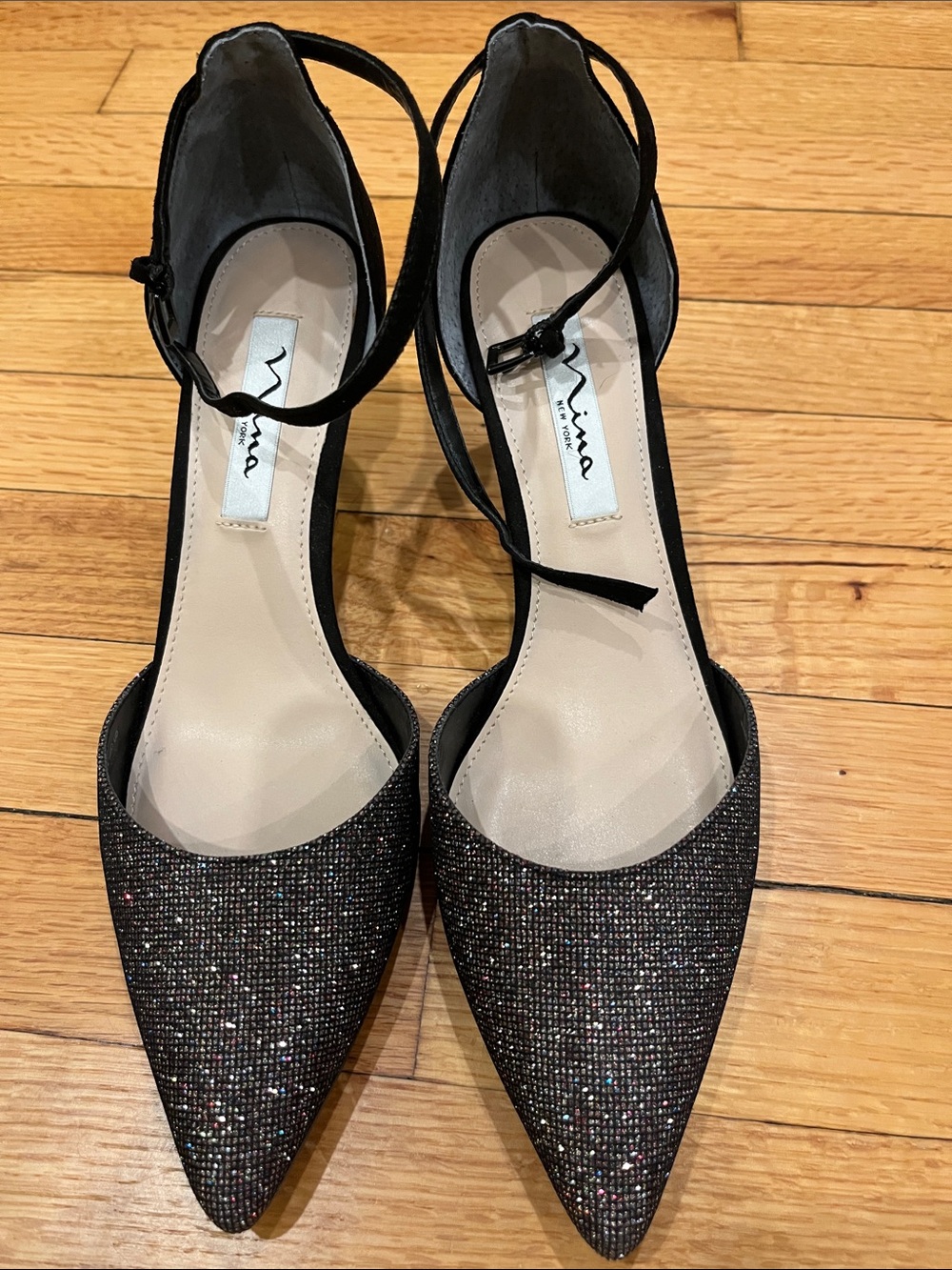 Nina Black Glitter Pointed-Toe Ankle-Strap Pumps